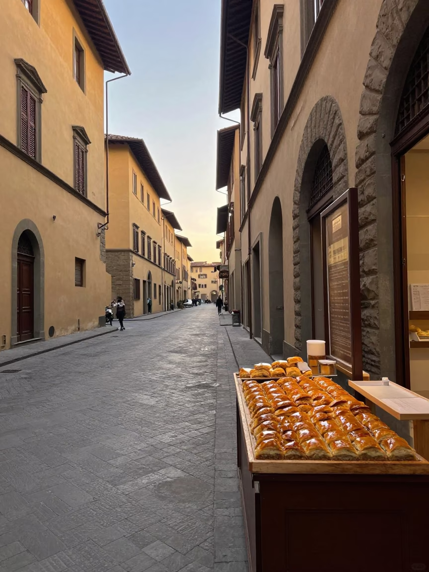Early Morning Florence Street Scene with Local Bakery Display and Historic Architecture in in Florence, Italy