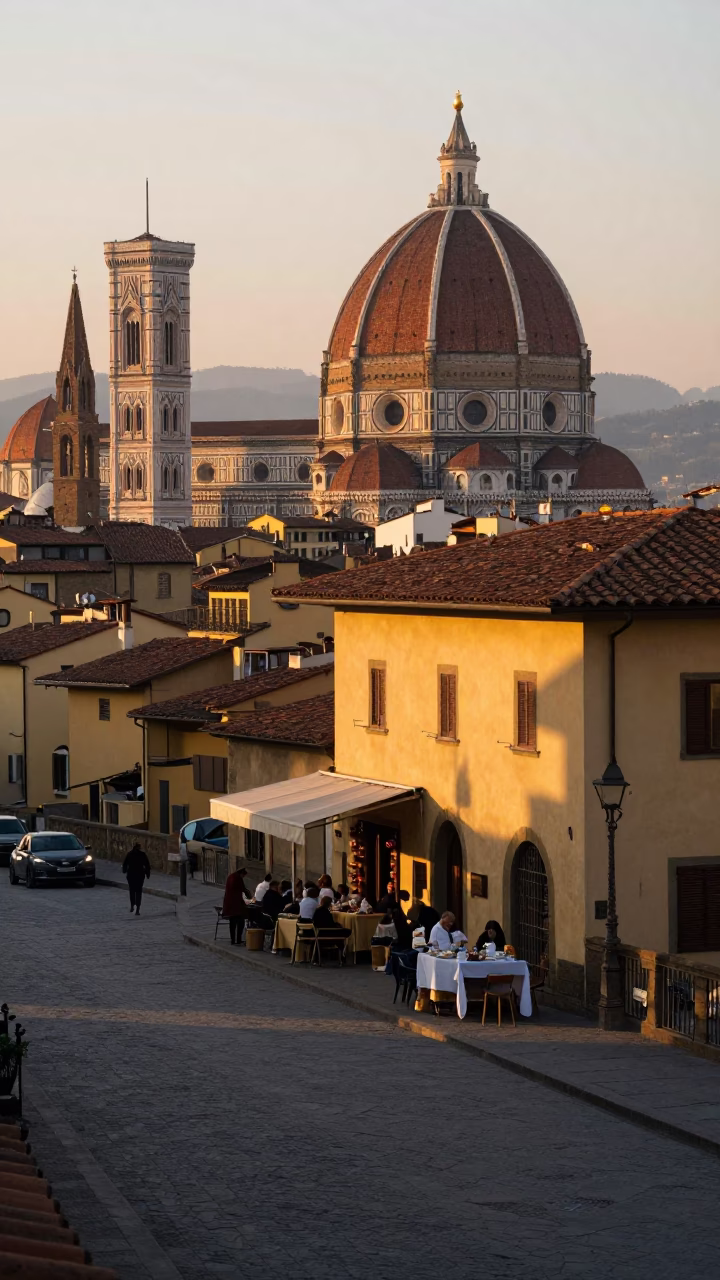 Early Morning Florence Street Scene with Local Breakfast Items and Woven Basket in in Florence, Italy