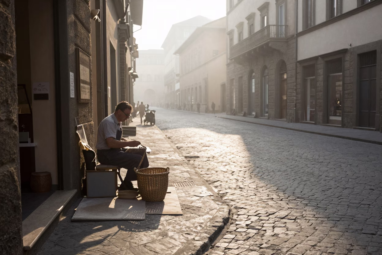 Early Morning Florence Street Scene with Mending Basket and Local Interaction in in Florence, Italy