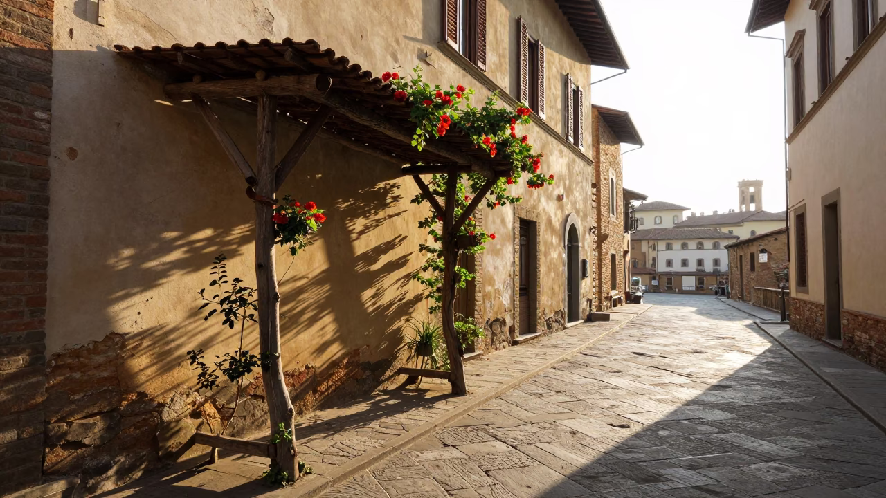 Early Morning Florence Street Scene with Rustic Trellis and Sweet Pea Flowers in in Florence, Italy