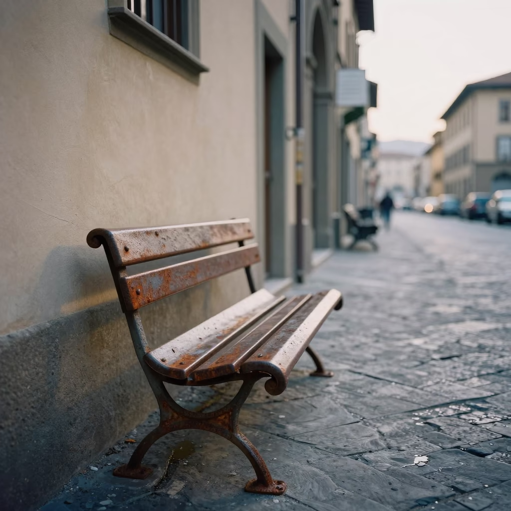 Early Morning Florence Street Scene with Rusty Bench and Steam Haze in in Florence, Italy