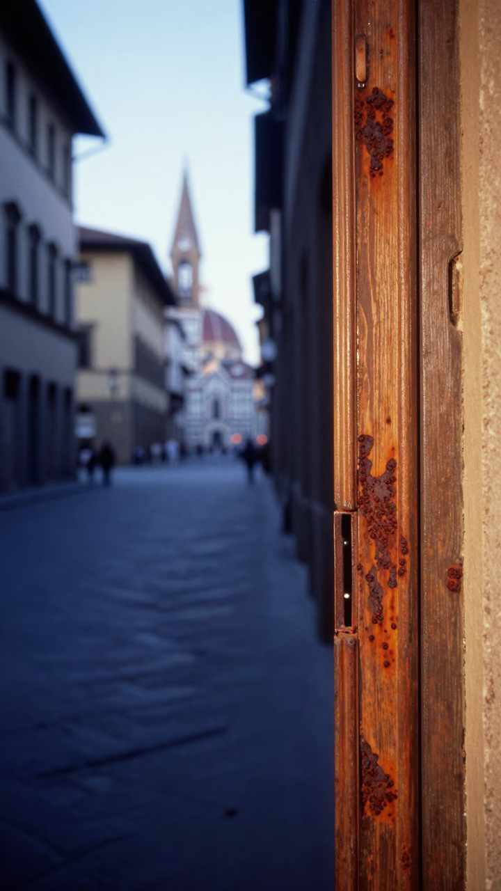 Early Morning Florence Street Scene with Rusty Doorframe and Leaf Shadows Before Sunrise in in Florence, Italy