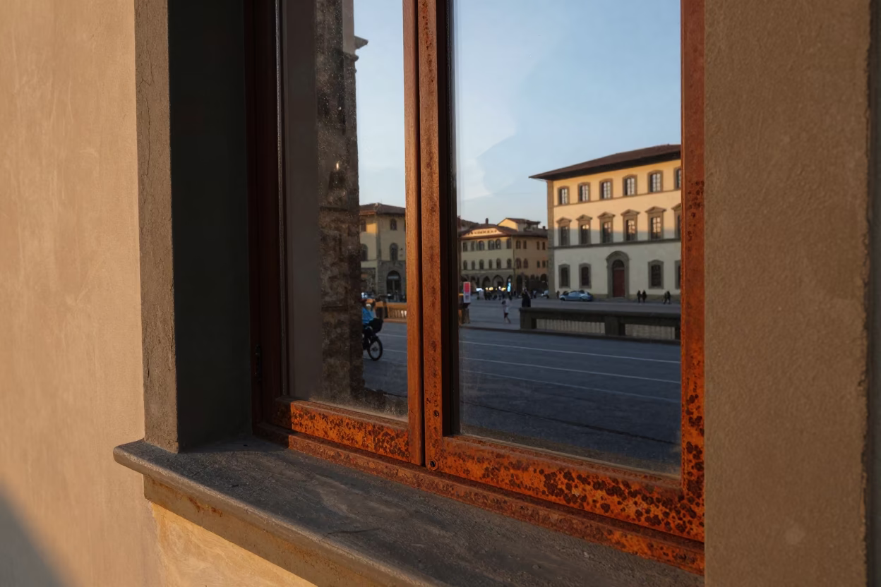 Early Morning Florence Street Scene with Rusty Window Frames and Stone Facades in in Florence, Italy