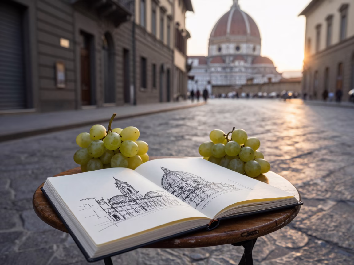 Early Morning Florence Street Scene with Sketchbook and Grapes near Historic Piazza in in Florence, Italy