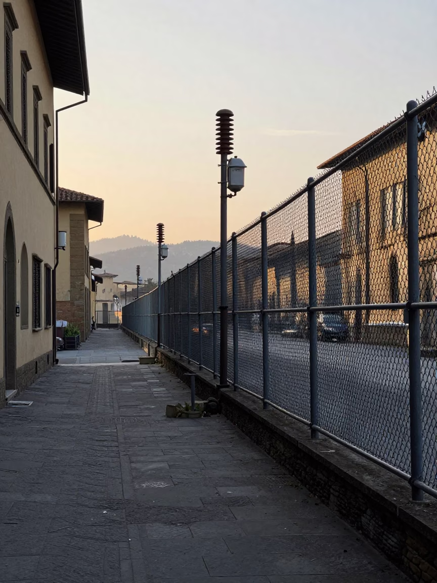 Early Morning Florence Street Scene with Substation Fence and Dew in Italy in in Florence, Italy