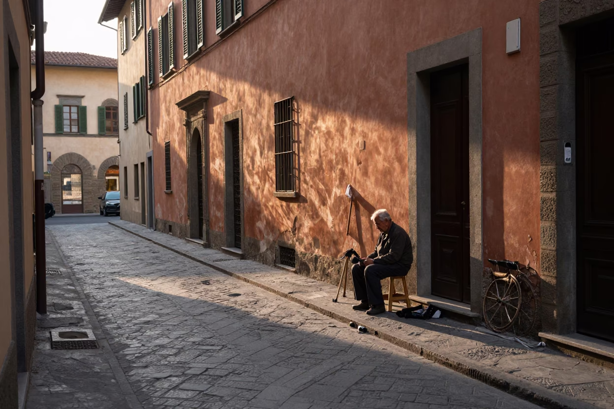 Early Morning Florence Street Scene with Tool Rolls and Local Artisan Activity in in Florence, Italy