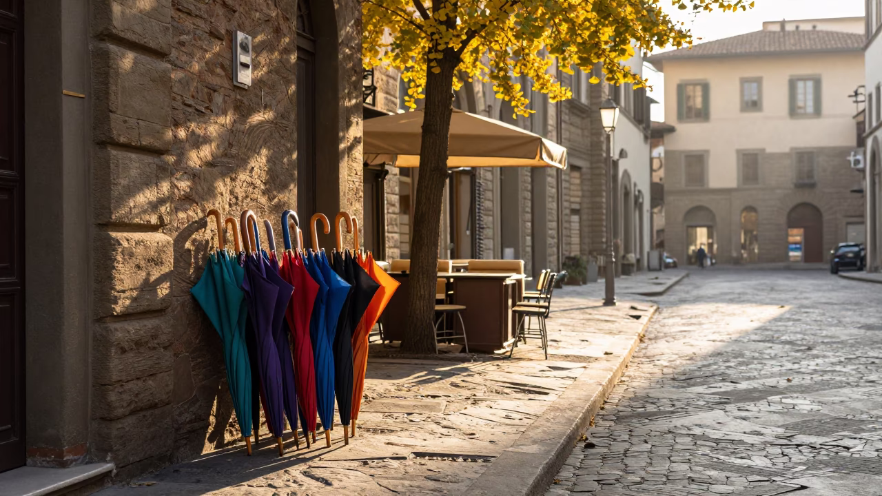 Early Morning Florence Street Scene with Umbrellas and Ginkgo Leaves in in Florence, Italy
