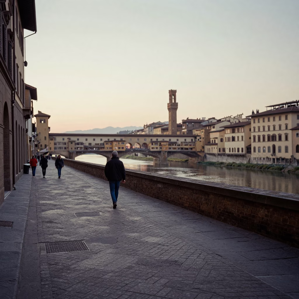 Early Morning Florence Street Scene with Vintage 1970s Aesthetic and Local Details in in Florence, Italy
