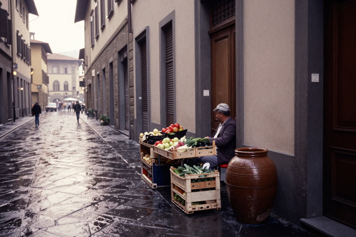 Early Morning Florence Street Scene with Vintage Jar and Brushed Steel Details in in Florence, Italy
