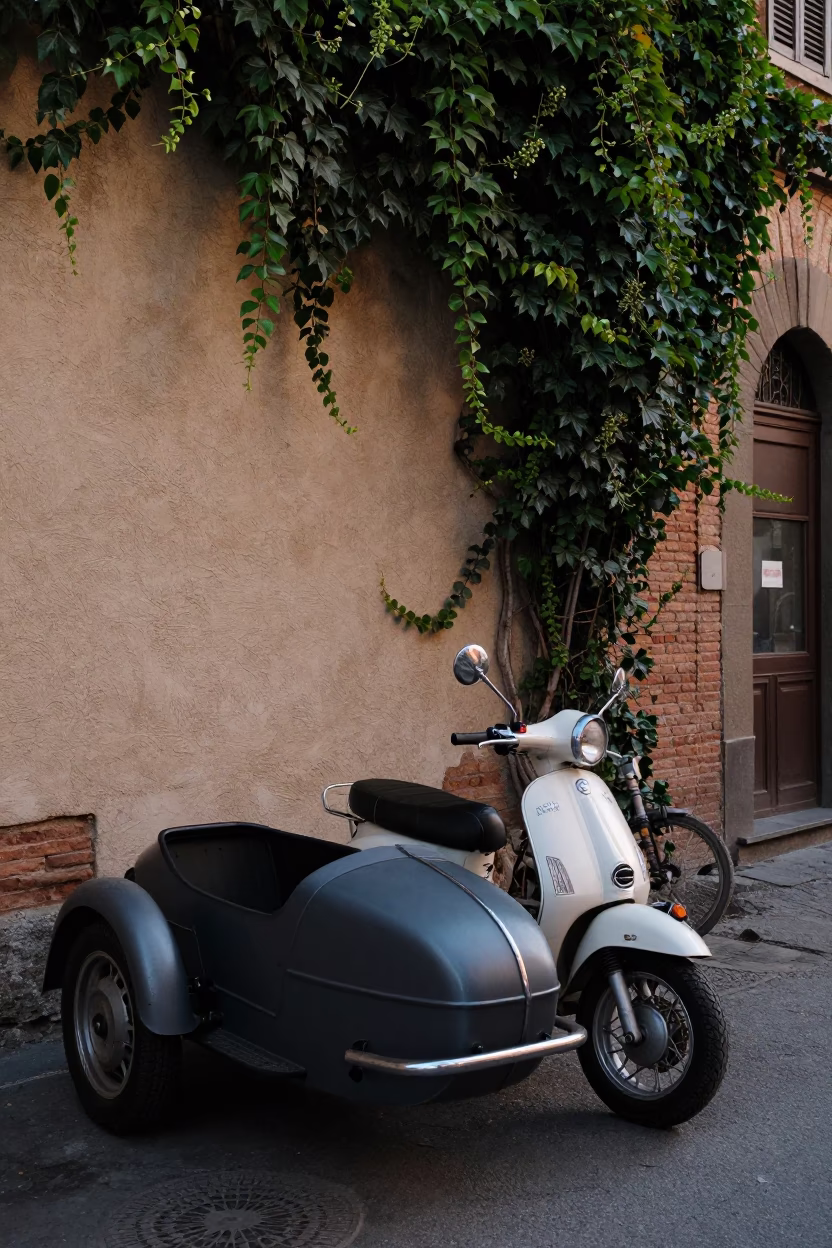 Early Morning Florence Street Scene with Vintage Motorcycle and Ivy Covered Walls in in Florence, Italy