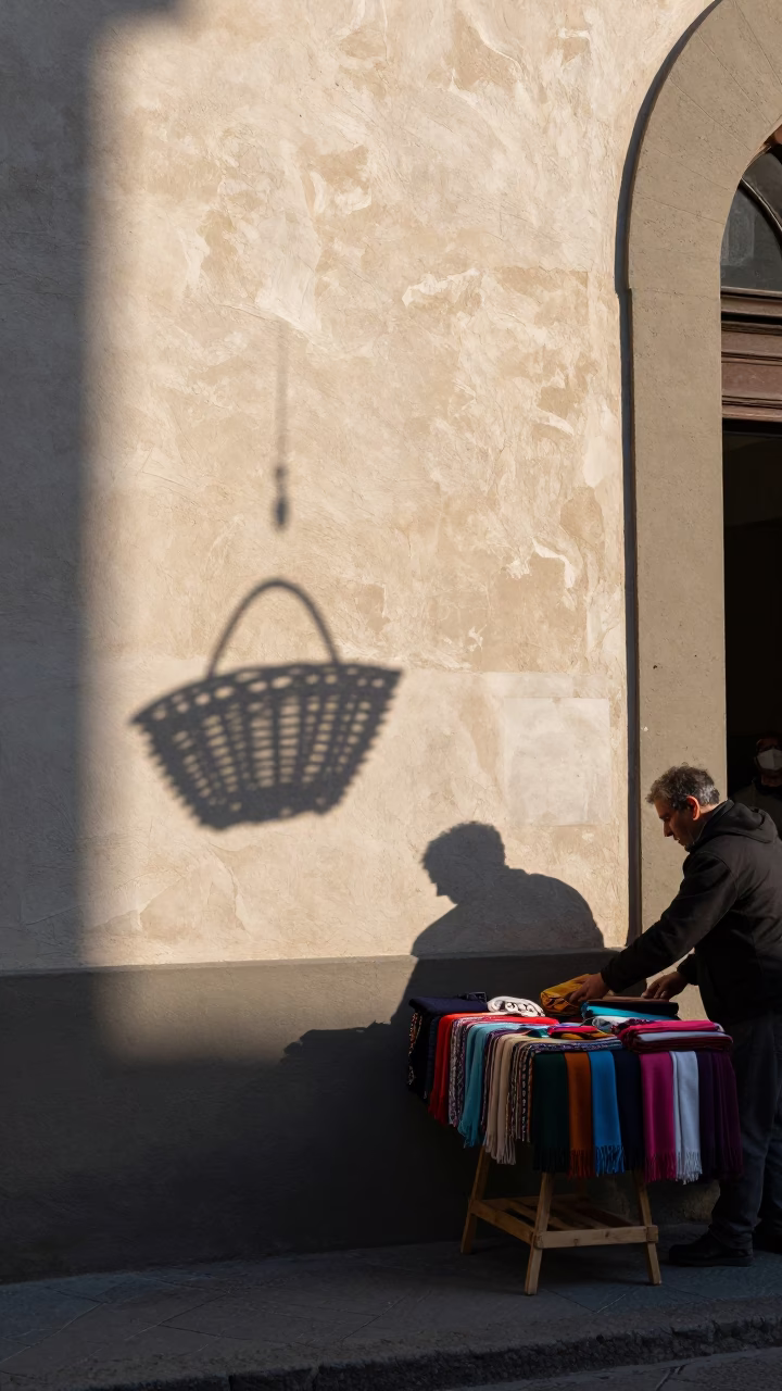 Early Morning Florence Street Scene with Wicker Shadow on Plaster Wall and Wool Scarves in in Florence, Italy