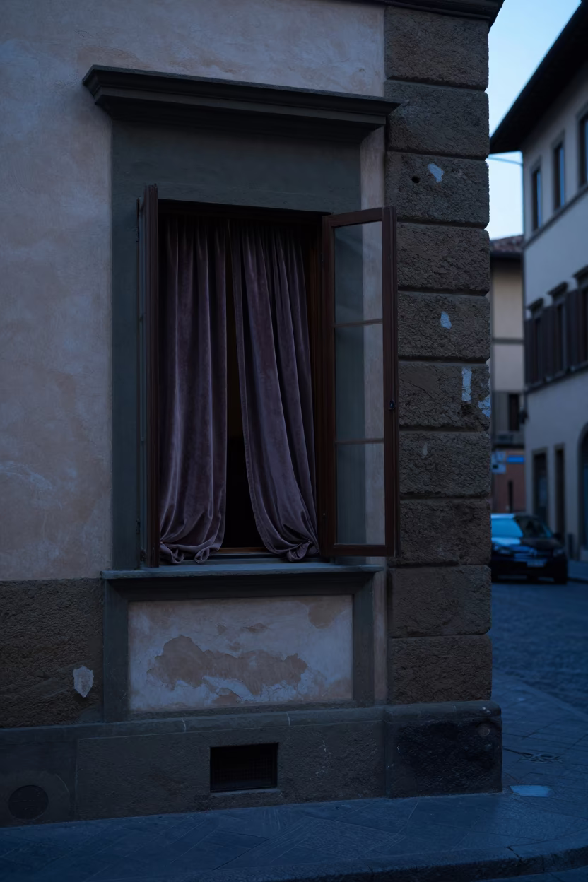 Early Morning Florence Street Scene with Window Curtains and Stone Architecture in in Florence, Italy