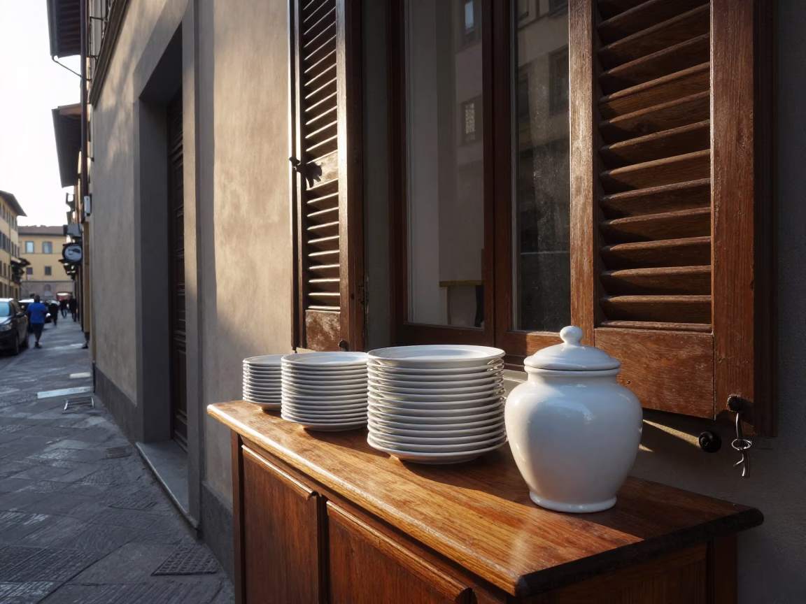 Early Morning Florence Street Scene with Window Light on Stacked Saucers in in Florence, Italy