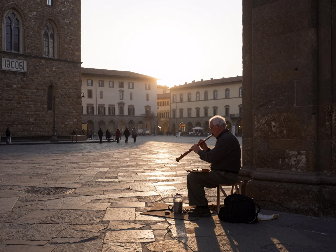 Early Morning Florence Street Scene with Wooden Flute and Tea Tin in in Florence, Italy