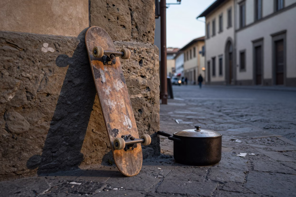 Early Morning Florence Street Scene with Wooden Skateboard and Cast Iron Pot on Cobblestones in in Florence, Italy