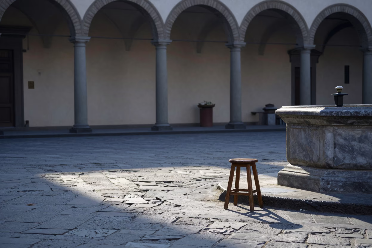 Early Morning Florence Street Scene with Wooden Stool and Watering Jug Before Sunrise in in Florence, Italy