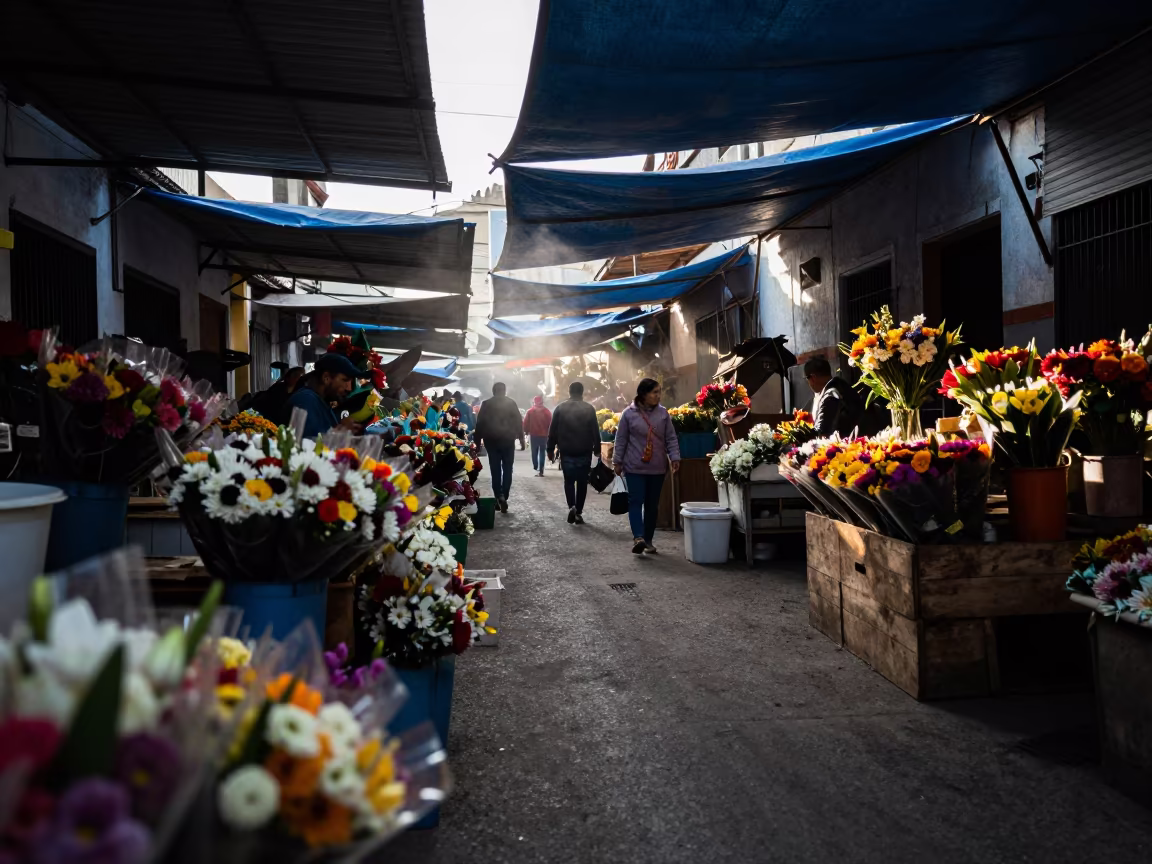 Early Morning Flower Market in Sucre Covered Bazaar in in a covered bazaar aisle in Sucre