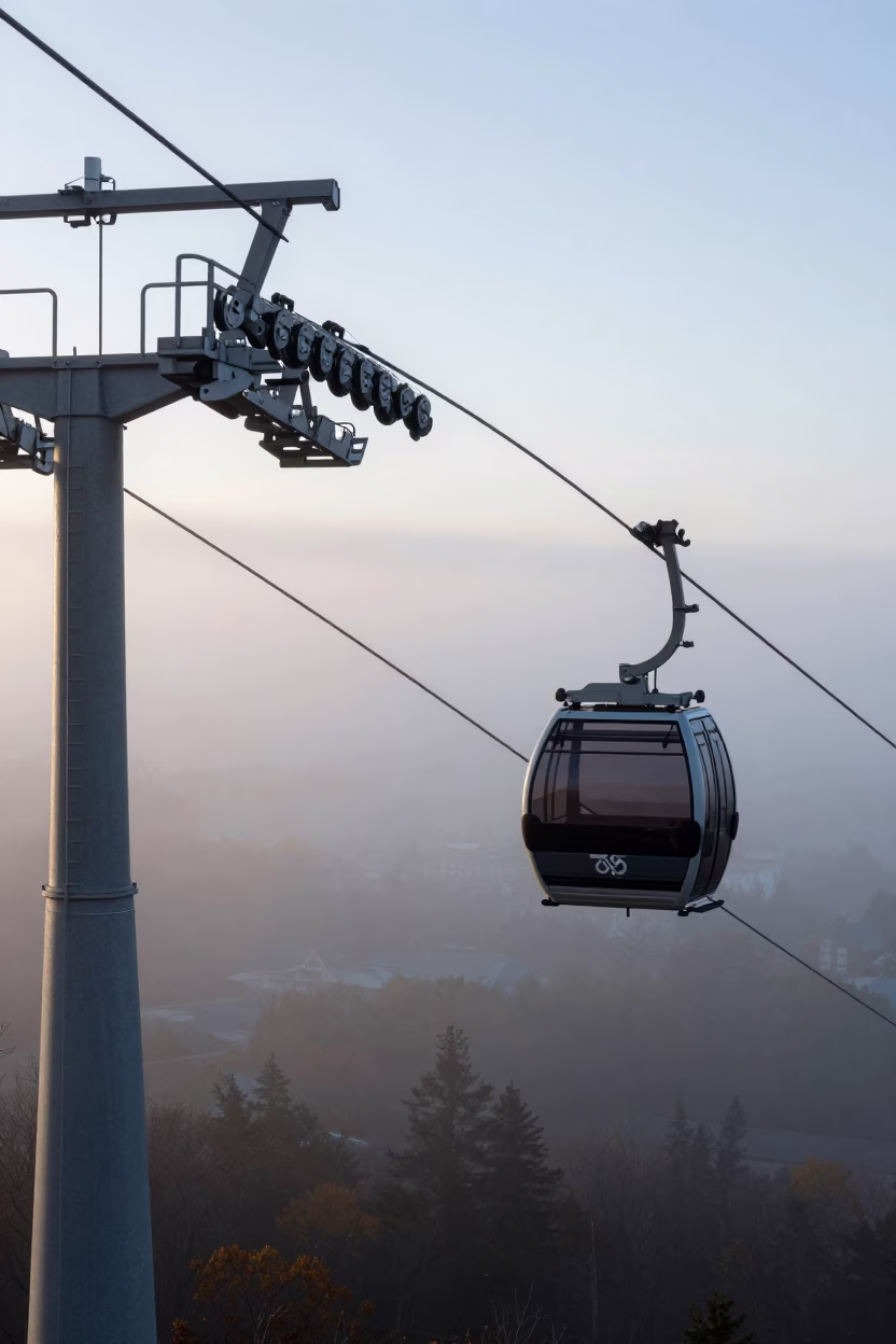 Early Morning Fog and Aerial Tramway Gondola Over Halifax Nova Scotia Harbor in in Halifax, Nova Scotia, Canada