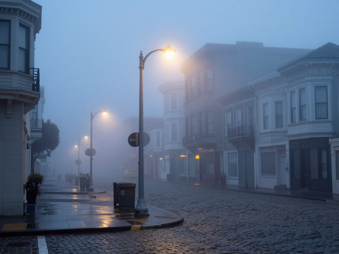 Early Morning Fog and Streetlamp Glow on a San Francisco Cobblestone Corner Before Sunrise in in San Francisco, California, United States