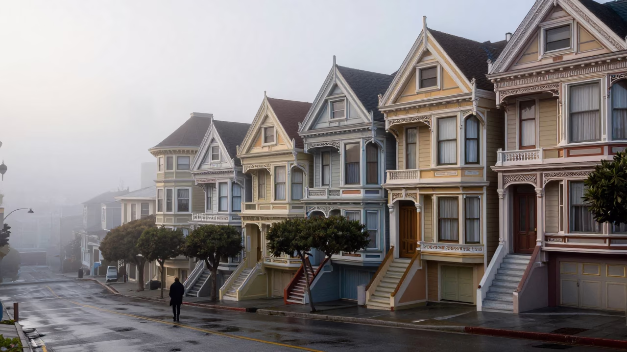 Early Morning Fog and Victorian Houses in San Francisco California United States in in San Francisco, California, United States