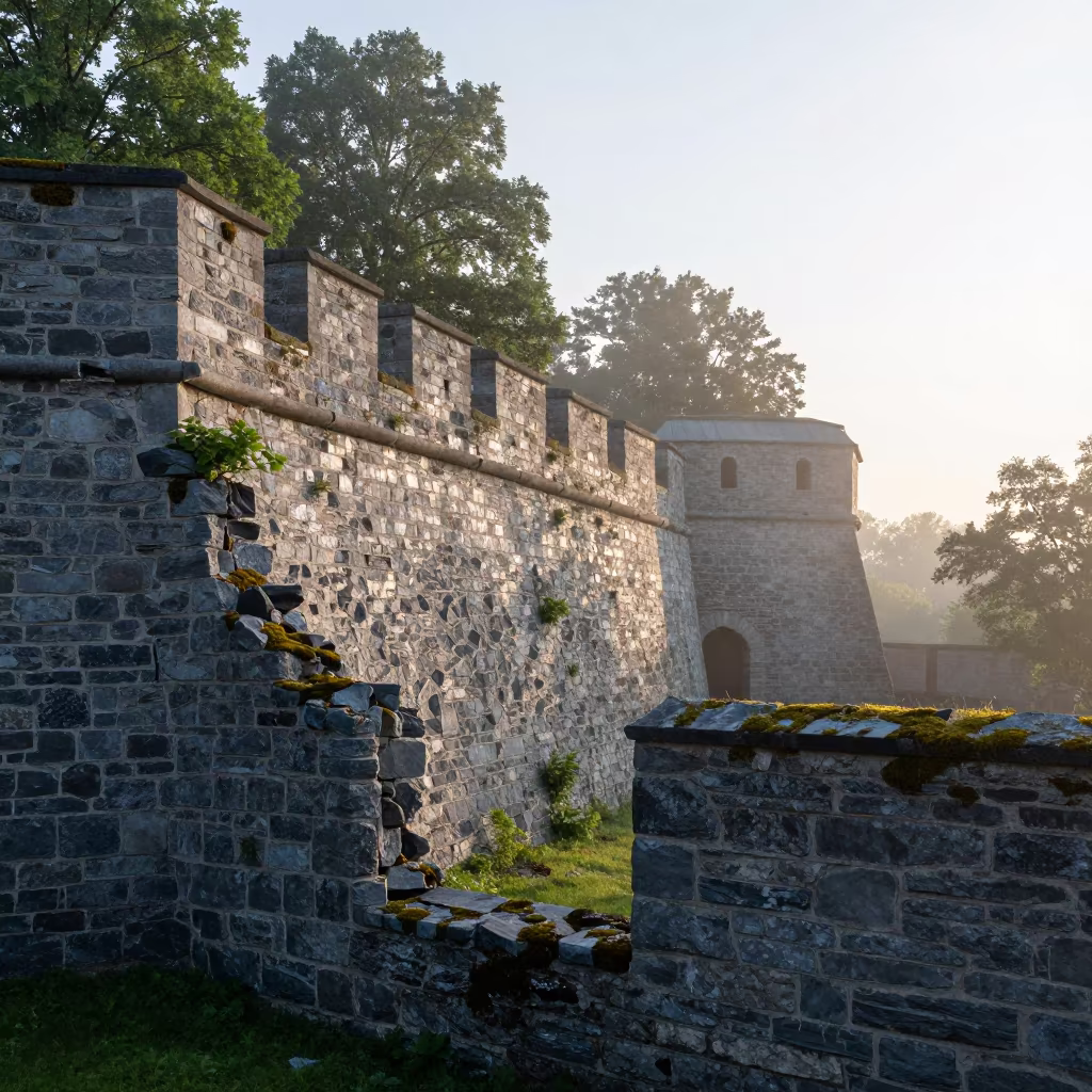 Early Morning Fog Over Crumbling Stone Fortress Wall in beneath a broken stone arch in New Brunswick