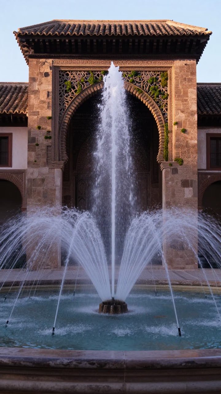 Early Morning Fountain Spray and Mossy Stone Walls in Granada Spain Dawn in in Granada, Spain