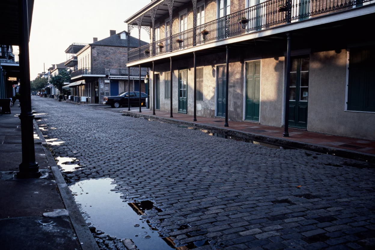 Early Morning French Quarter Street Scene with Ripples in Shallow Puddle in in New Orleans, Louisiana, United States