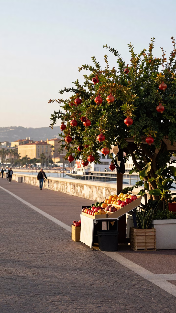 Early Morning French Riviera Street Scene in Nice with Pomegranate Vendor in in Nice, France