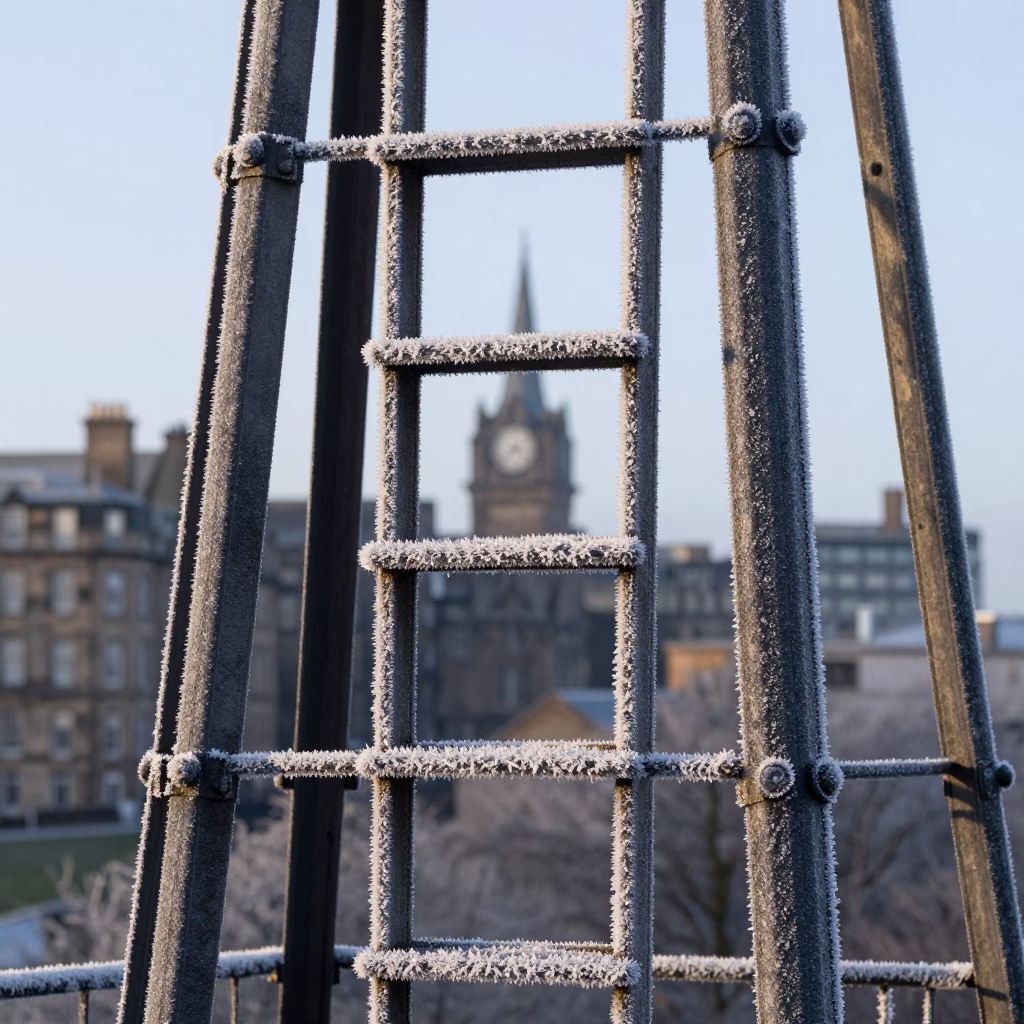 Early Morning Frost on Edinburgh Water Tower Ladder and Historic Stone Architecture in in Edinburgh, United Kingdom