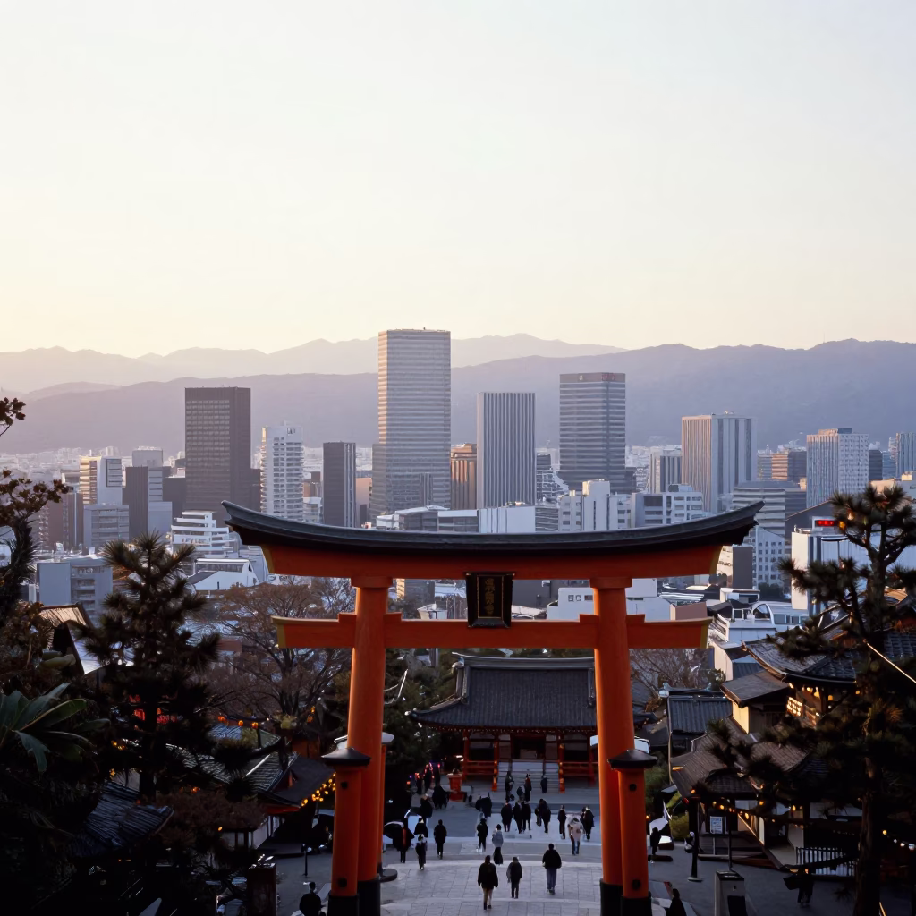 Early Morning Fukuoka Cityscape with Dazaifu Tenmangu Shrine and Soft Sunrise Light in in Fukuoka, Japan