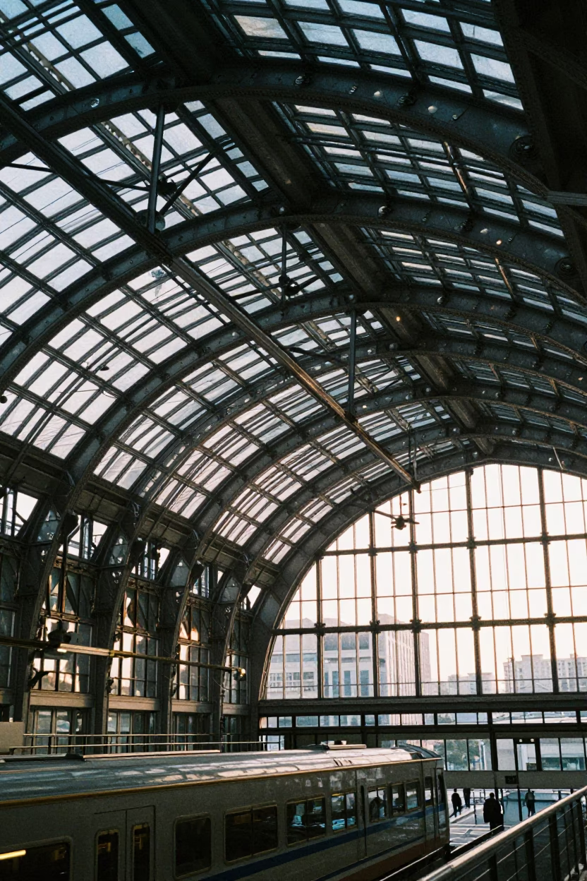 Early Morning Fukuoka Glass Steel Train Station Arched Roof Commuters in in Fukuoka, Japan