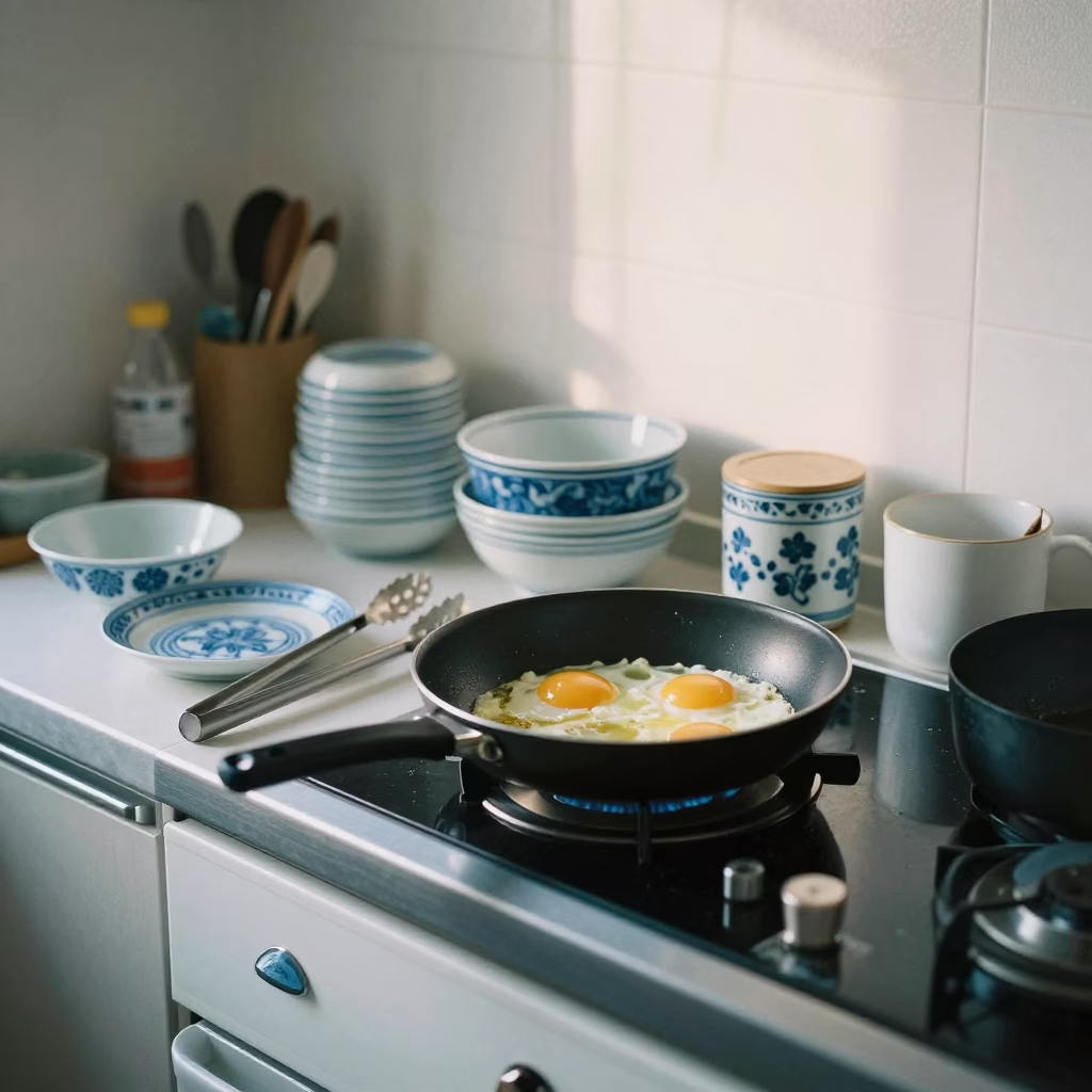 Early Morning Fukuoka Kitchen with Blue White Porcelain and Skillet Cooking in in Fukuoka, Japan