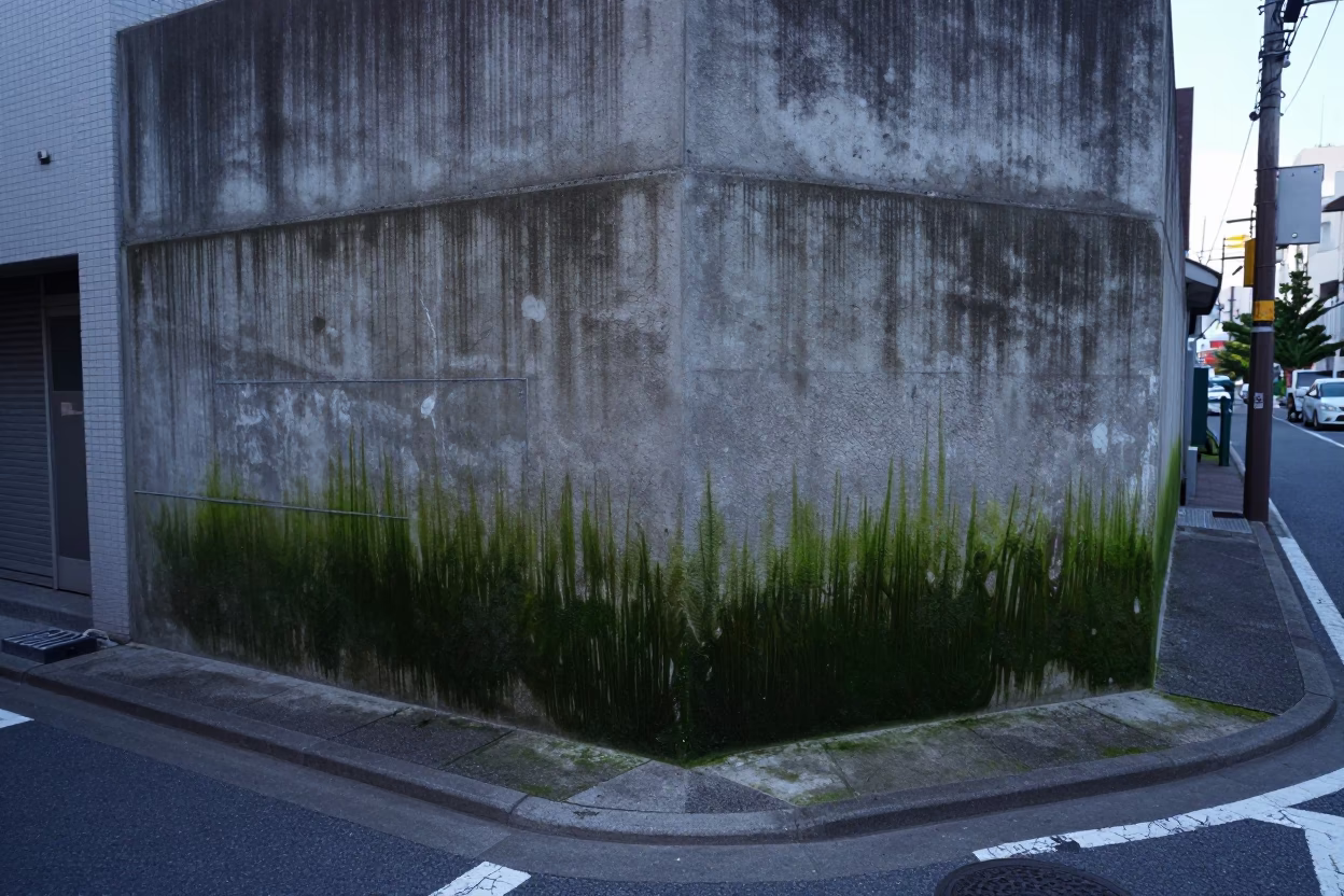 Early Morning Fukuoka Street Scene with Algae Streaked Concrete Floodgate Chamber in in Fukuoka, Japan