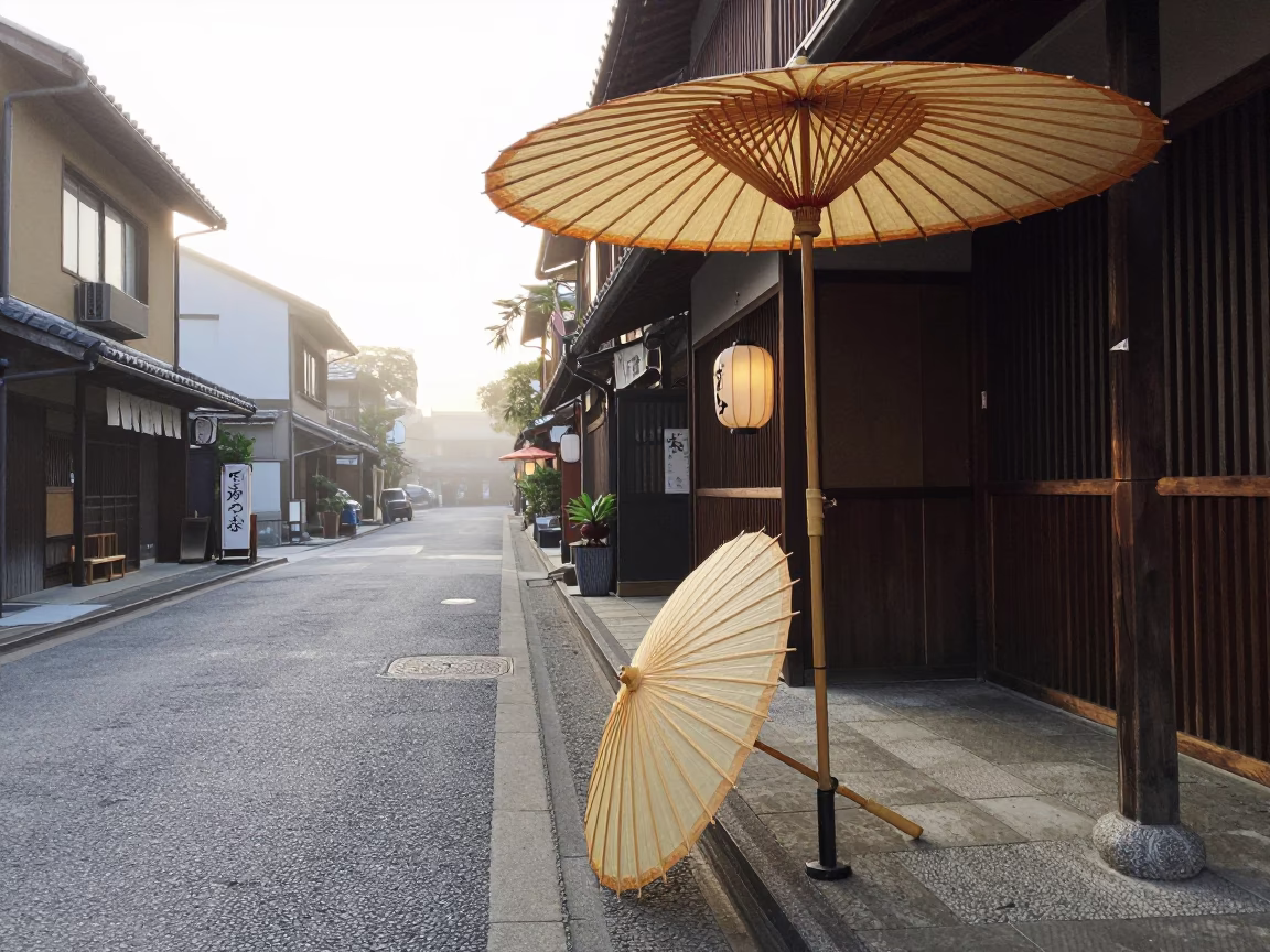 Early Morning Fukuoka Street Scene with Bamboo Parasol and Glass Tumbler in in Fukuoka, Japan