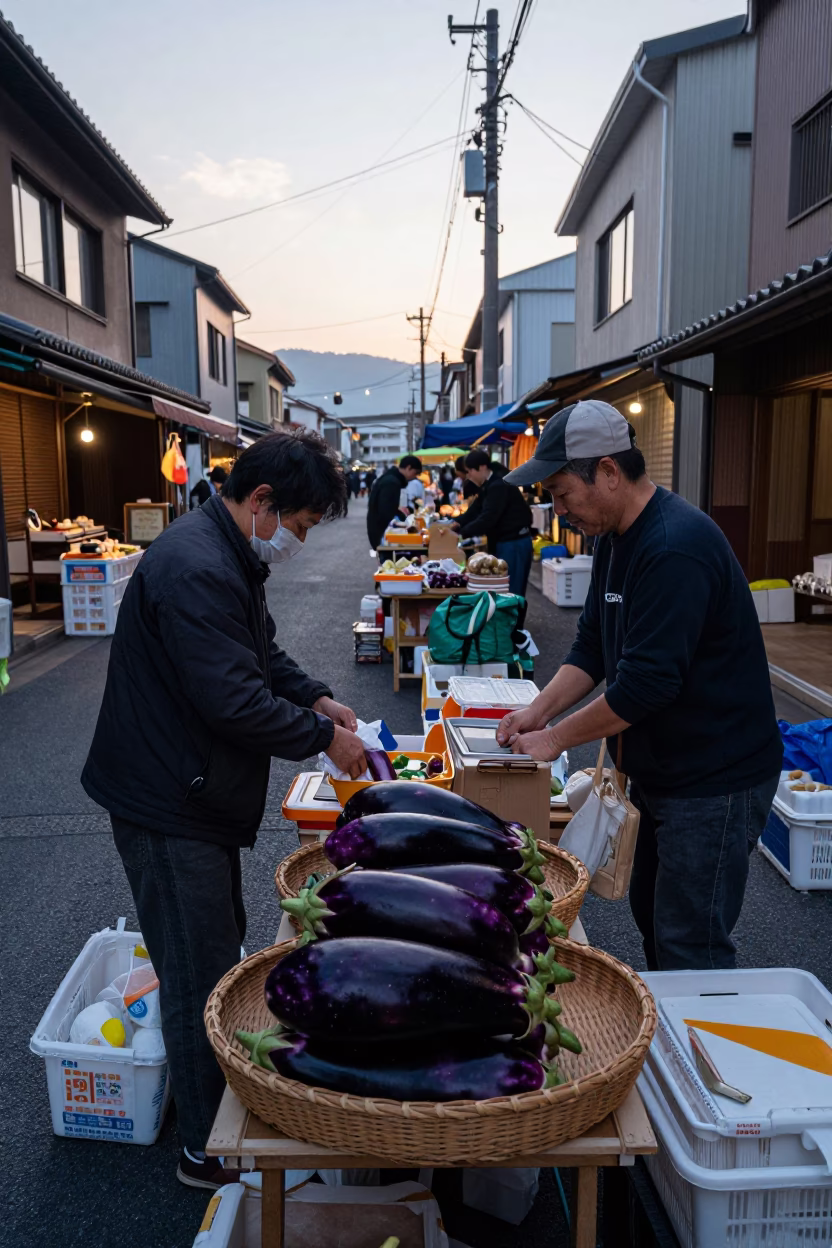 Early morning Fukuoka street scene with basket tray of fresh eggplants and local vendor in in Fukuoka, Japan