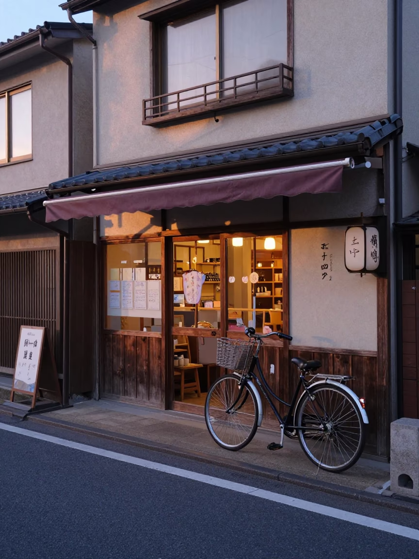 Early Morning Fukuoka Street Scene with Bicycle and Bakery Dawn Light in in Fukuoka, Japan