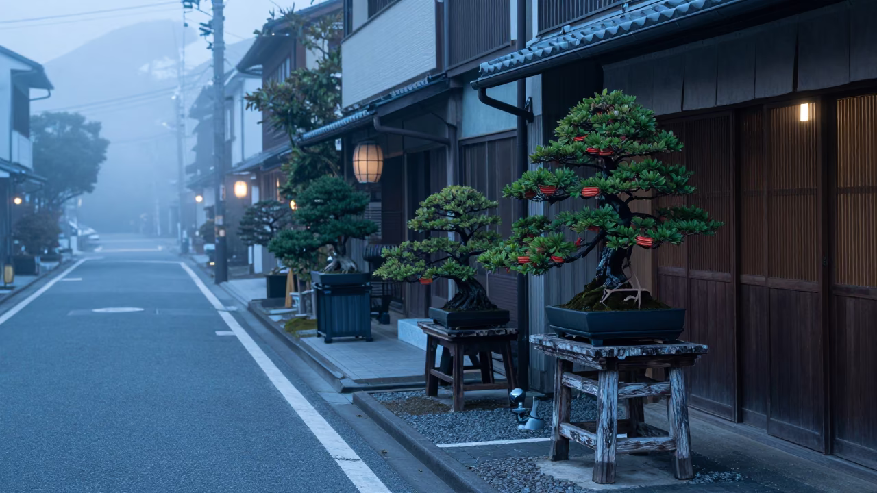 Early Morning Fukuoka Street Scene with Bonsai Display and Misty Urban Atmosphere in in Fukuoka, Japan