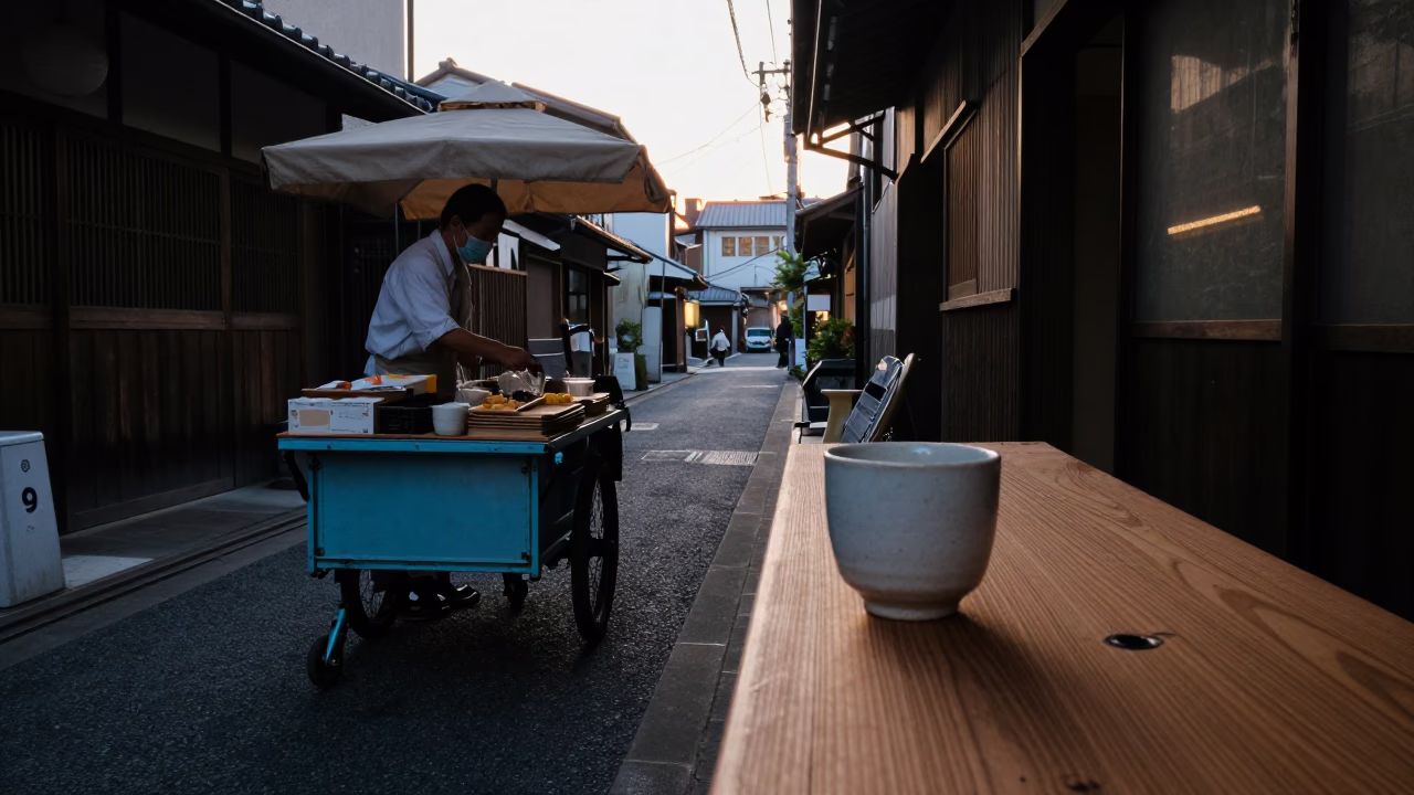 Early Morning Fukuoka Street Scene with Ceramic Cup and Local Morning Routine in in Fukuoka, Japan