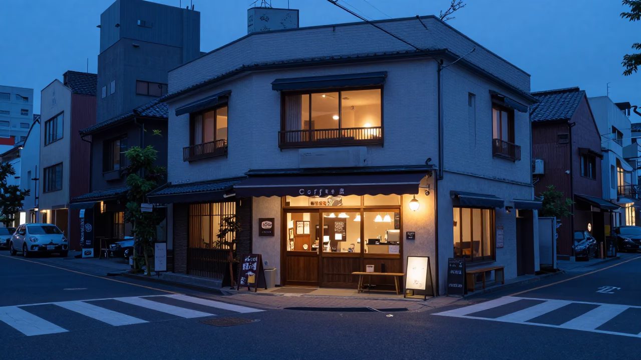 Early Morning Fukuoka Street Scene with Coffee Shop and Urban Details Before Sunrise in in Fukuoka, Japan