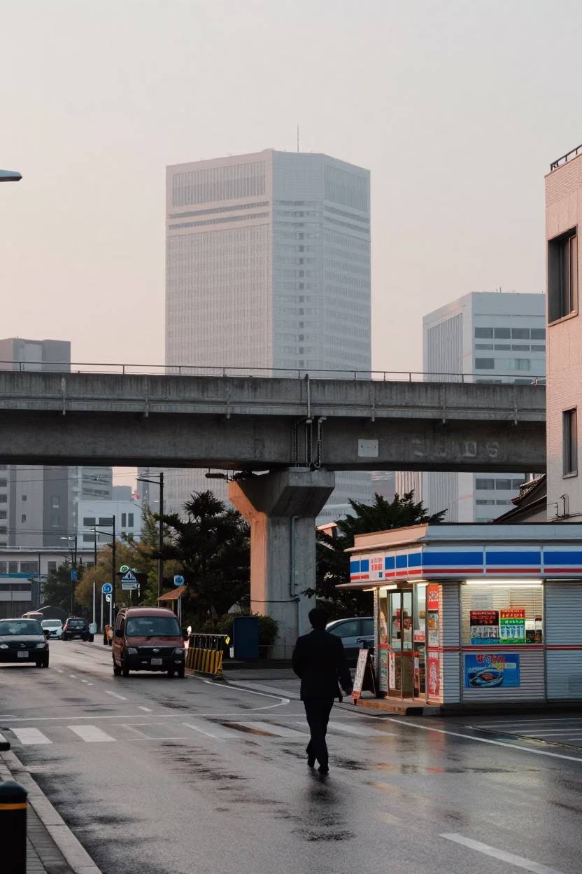 Early Morning Fukuoka Street Scene with Concrete Viaduct and Local Morning Rituals in in Fukuoka, Japan