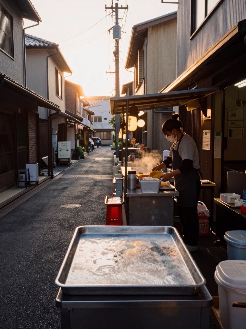 Early Morning Fukuoka Street Scene with Condensation on Tray and Local Breakfast Vendor in in Fukuoka, Japan