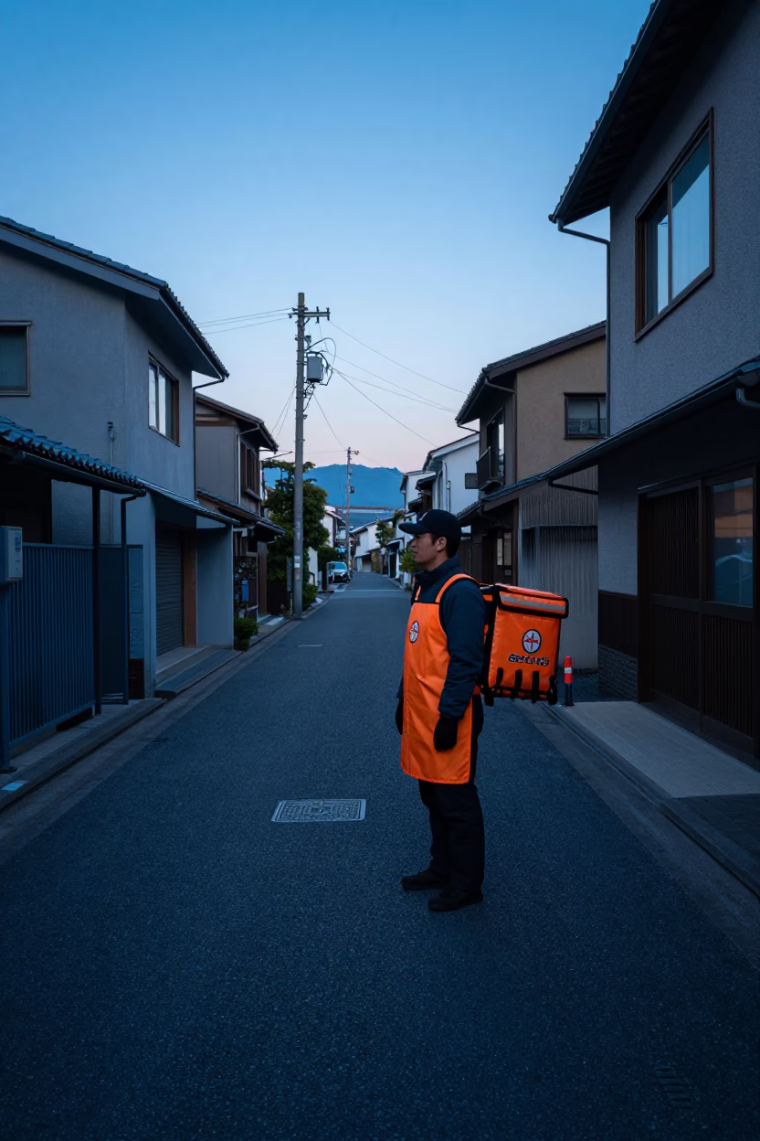 Early Morning Fukuoka Street Scene with Delivery Aprons and Bonsai in Pre-Dawn Light in in Fukuoka, Japan
