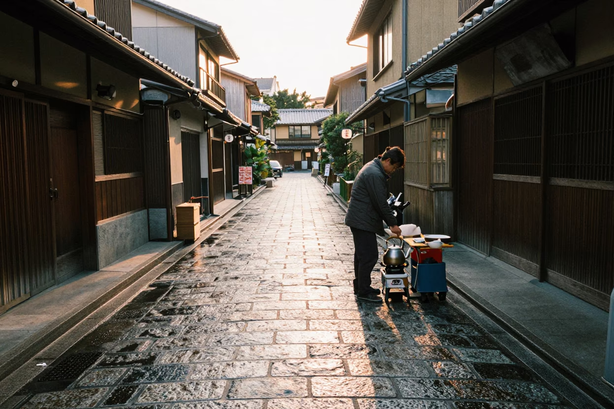 Early Morning Fukuoka Street Scene with Electric Kettle and Berry Tart in in Fukuoka, Japan