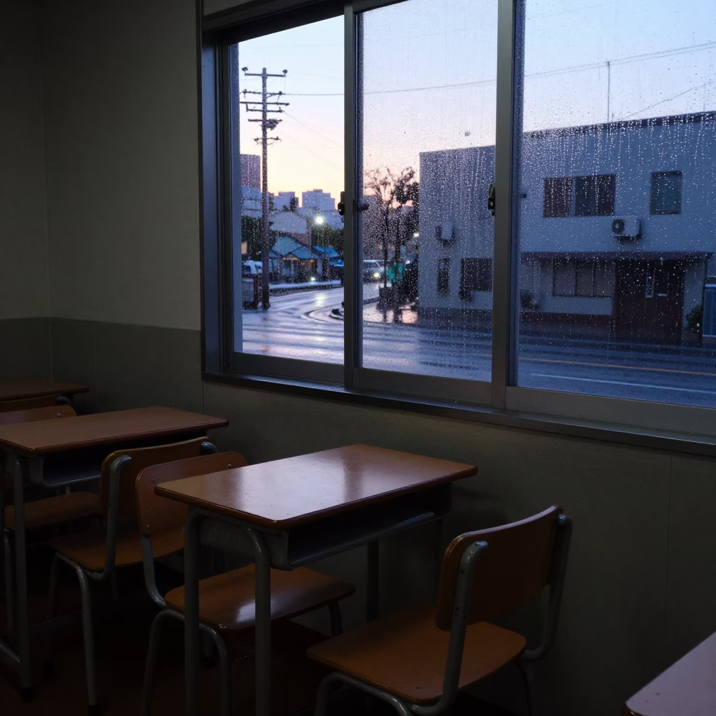 Early Morning Fukuoka Street Scene with Exam Desk and Rain Streaks in in Fukuoka, Japan