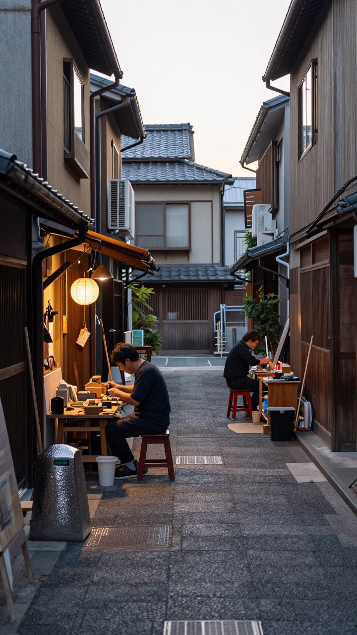 Early Morning Fukuoka Street Scene with Hammered Metal and Brushed Steel Details in in Fukuoka, Japan