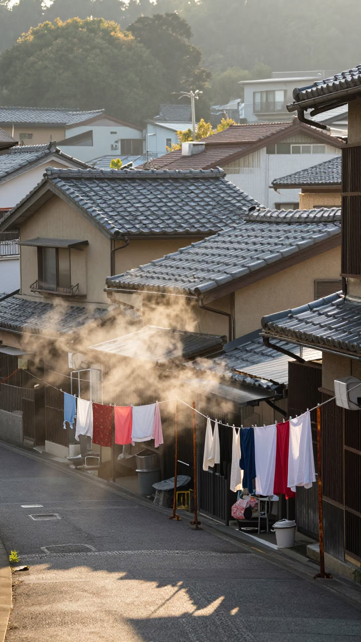 Early Morning Fukuoka Street Scene with Laundry and Steam from Local Breakfast Stall in in Fukuoka, Japan
