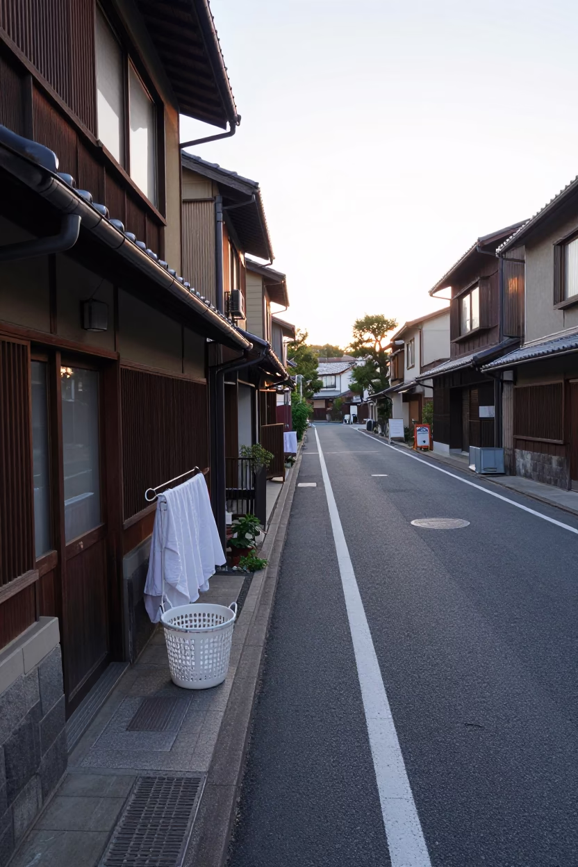 Early Morning Fukuoka Street Scene with Laundry Basket and Umbrella Stand in in Fukuoka, Japan