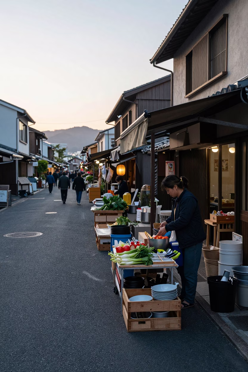 Early Morning Fukuoka Street Scene with Local Kitchen Utensils and Daily Life in in Fukuoka, Japan