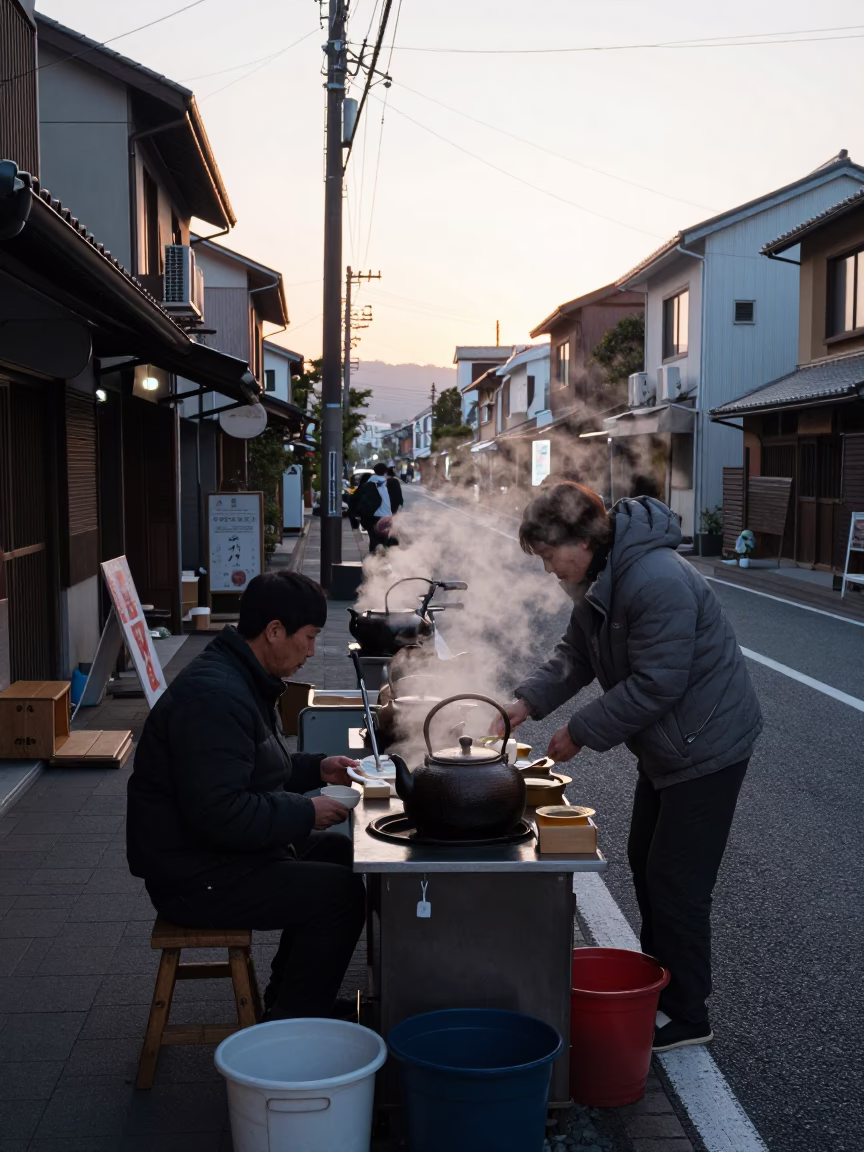 Early Morning Fukuoka Street Scene with Local Vendors and Tea Kettle in in Fukuoka, Japan