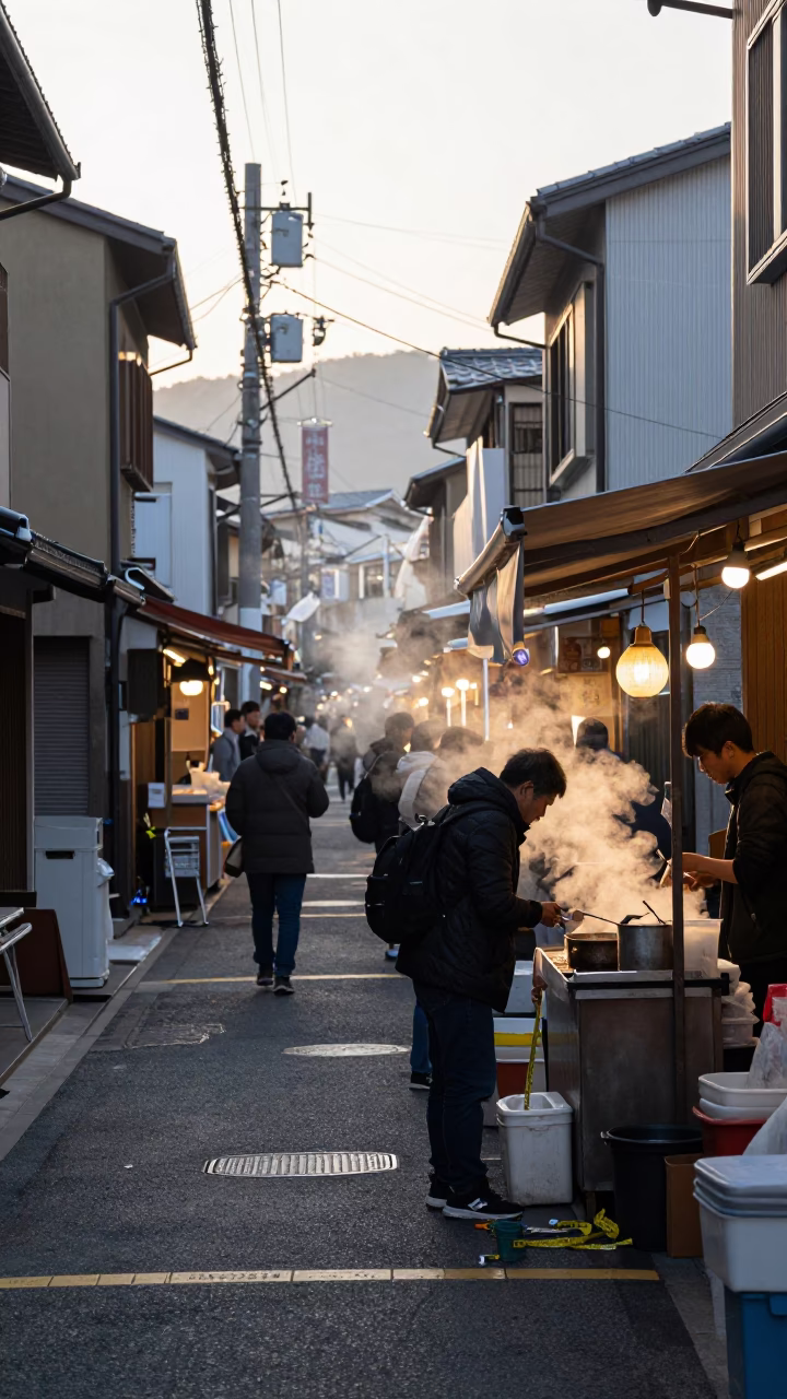 Early Morning Fukuoka Street Scene with Measuring Tapes and Local Commerce in in Fukuoka, Japan